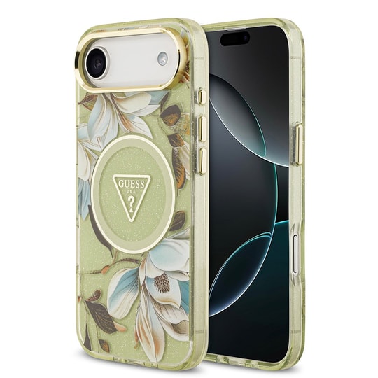 Apple iPhone 17 Air Kılıf Guess Orjinal Lisanslı M-safe Şarj Özellikli Simli Çiçek Desenli Metal Kamera Çerçeveli Üçgen Logolu Kapak