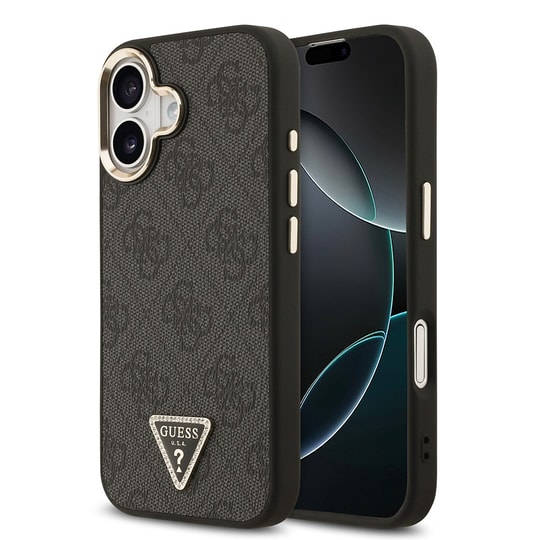 Apple iPhone 17 Kılıf Guess Orjinal Lisanslı M-safe Şarj Özellikli Gold Metal Kamera Çerçeveli Taşlı Üçgen Logo 4G Desenli Kapak