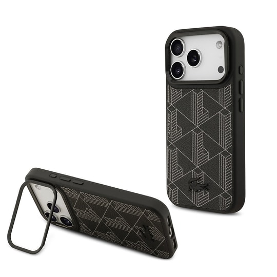 Apple iPhone 17 Pro Kılıf Lacoste Orjinal Lisanslı M-safe Şarj Özellikli Standlı PU Deri Karışık Monogram Desenli Kapak