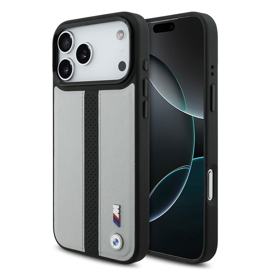 Apple iPhone 17 Pro Max Kılıf BMW Orjinal Lisanslı M-safe Şarj Özellikli Deri Arka Yüzey Metal Logolu Delikli Şerit Tasarımlı Kapak