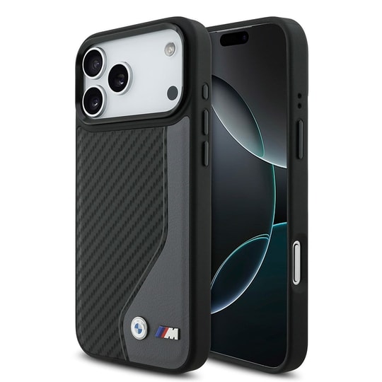 Apple iPhone 17 Pro Max Kılıf BMW Orjinal Lisanslı M-safe Şarj Özellikli Metal BMW ve M Logolu PU Karbon Tasarımlı Kapak