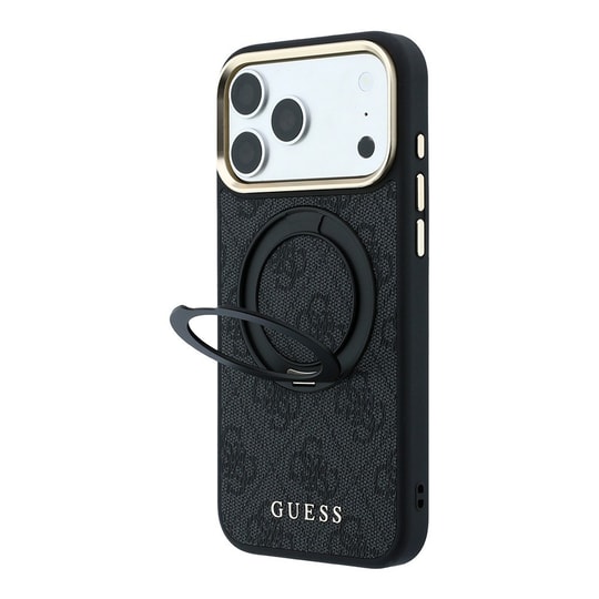 Apple iPhone 18 Pro Kılıf Guess Orjinal Lisanslı M-safe Şarj Özellikli 4G Desenli 360 Derece Dönebilen Standlı Metal Yazı Logolu Kapak