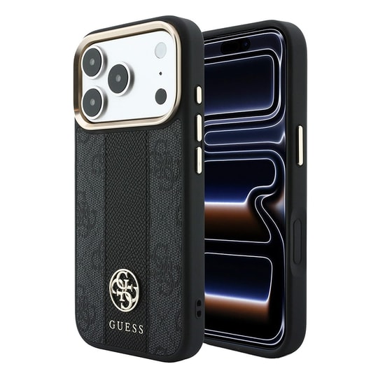 Apple iPhone 18 Pro Kılıf Guess Orjinal Lisanslı M-safe Şarj Özellikli Deri 4G Desenli Şeritli Yazı Logolu Kapak