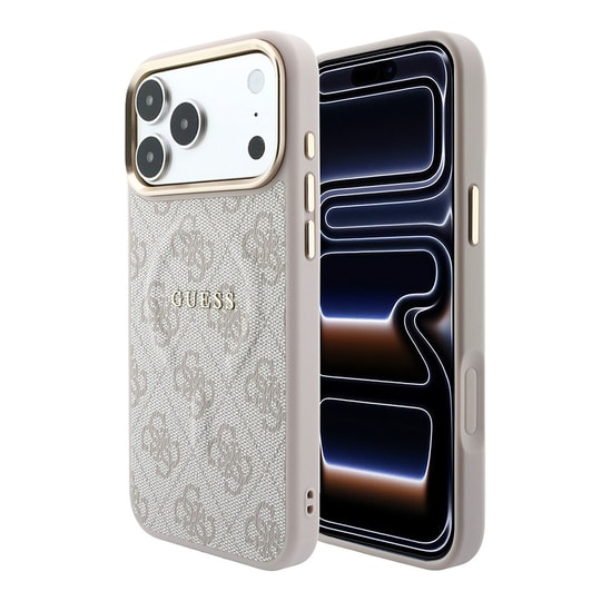 Apple iPhone 18 Pro Kılıf Guess Orjinal Lisanslı M-safe Şarj Özellikli Metal Kamera Çerçeveli C-Magnet 4G Desenli Yazı Logolu Kapak