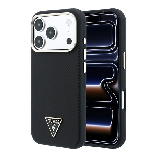 Apple iPhone 18 Pro Kılıf Guess Orjinal Lisanslı M-safe Şarj Özellikli PU Metal Üçgen Logolu Karbon Fiber Kevlar Kapak