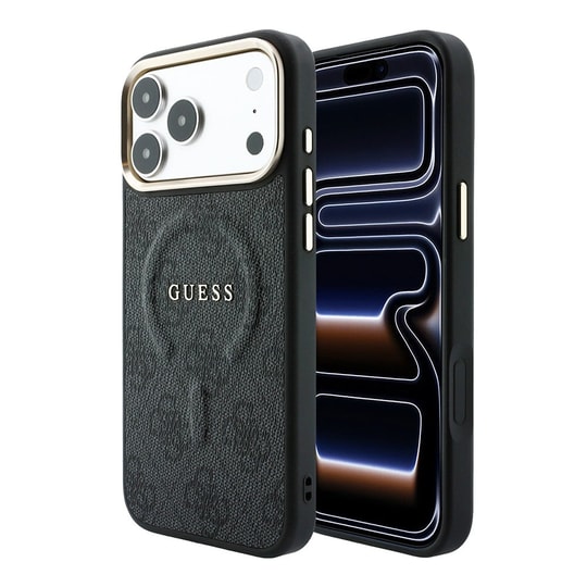 Apple iPhone 18 Pro Max Kılıf Guess Orjinal Lisanslı M-safe Şarj Özellikli Metal Kamera Çerçeveli C-Magnet 4G Desenli Yazı Logolu Kapak