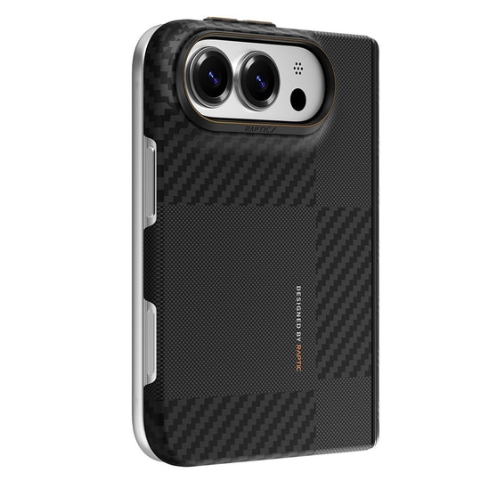Apple iPhone Duo (Fold) Kılıf M-safe Şarj Özellikli Metal Kamera Çerçeveli Raptic Aramid SkinPro Mondrian Serisi Karbon Kapak
