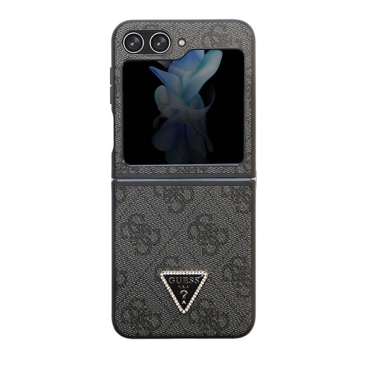 Galaxy Z Flip 5 Kılıf Guess Orjinal Lisanslı PU Deri Taşlı Üçgen Logo 4G Desenli Strass Kapak