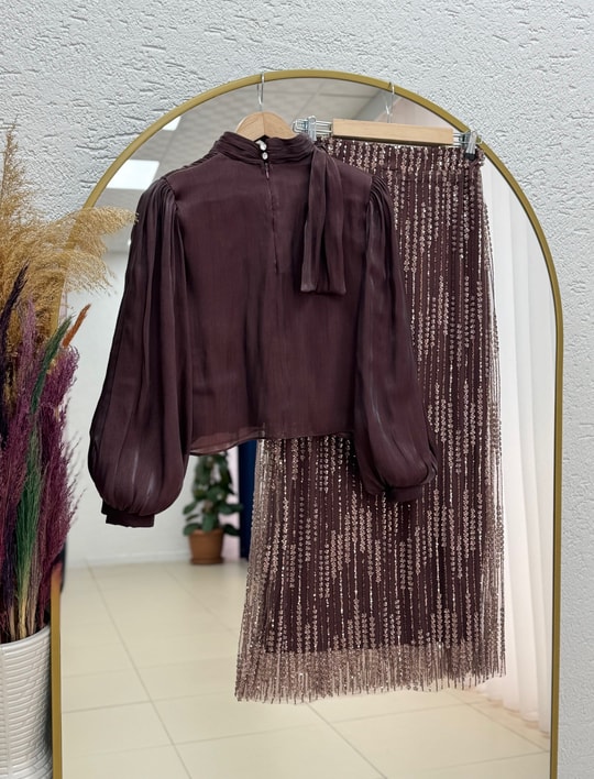 Ada Balon Kol Eteği Pullu Gömleği Janjan Takım-GE807 Kahve