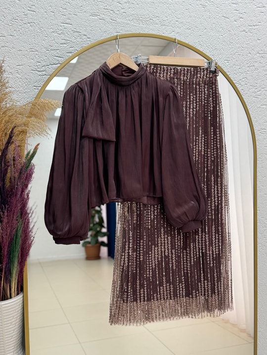 Ada Balon Kol Eteği Pullu Gömleği Janjan Takım-GE807 Kahve