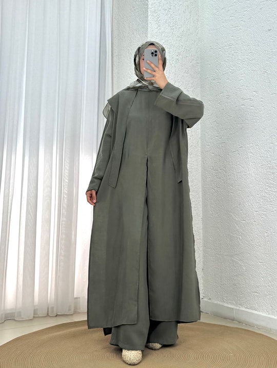 Adanur Pelerinli Tuniği Uzun Pantolonlu Takım-BN4684 Haki