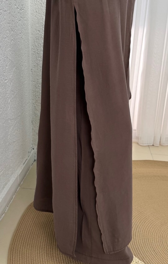 Adanur Pelerinli Tuniği Uzun Pantolonlu Takım-BN4684 Kahve