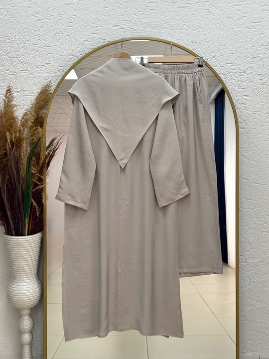 Adanur Pelerinli Tuniği Uzun Pantolonlu Takım-BN4684 Taş