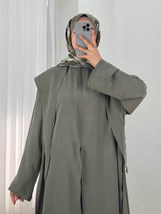 Adanur Pelerinli Tuniği Uzun Pantolonlu Takım-BN4684 Haki