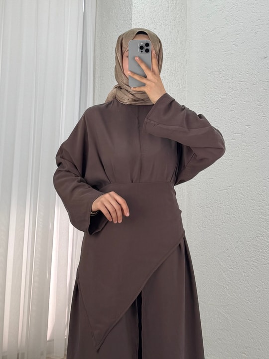 Adanur Pelerinli Tuniği Uzun Pantolonlu Takım-BN4684 Kahve