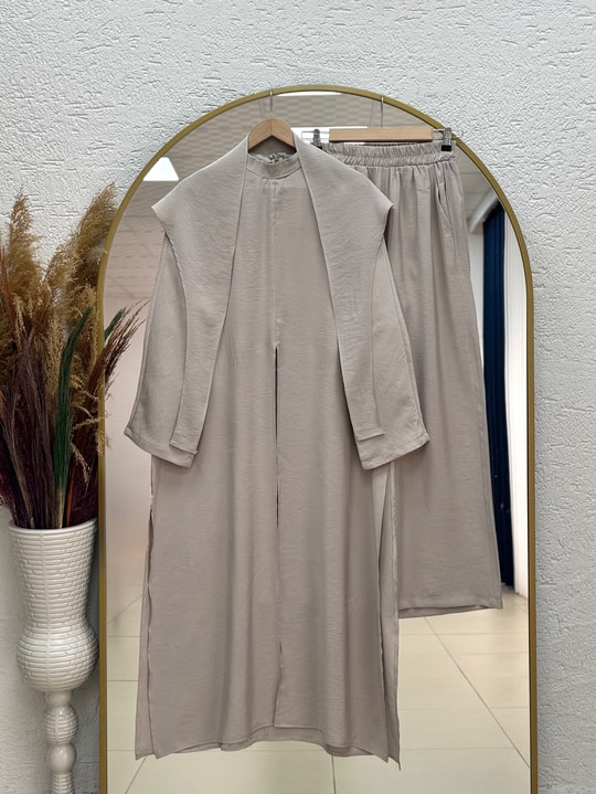 Adanur Pelerinli Tuniği Uzun Pantolonlu Takım-BN4684 Taş