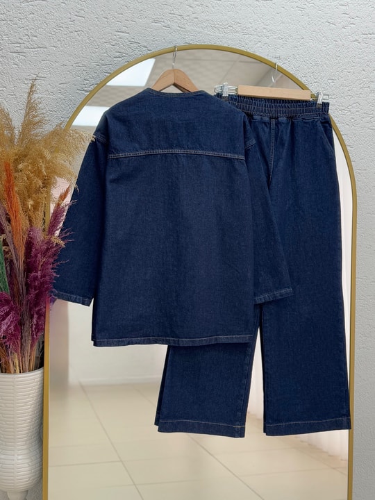 Adelia Çift Cepli Bol Paça Pantolonlu Kot Takım-LS5841 Kot Rengi