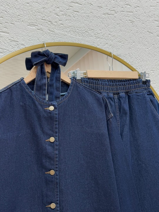 Adelia Çift Cepli Bol Paça Pantolonlu Kot Takım-LS5841 Kot Rengi