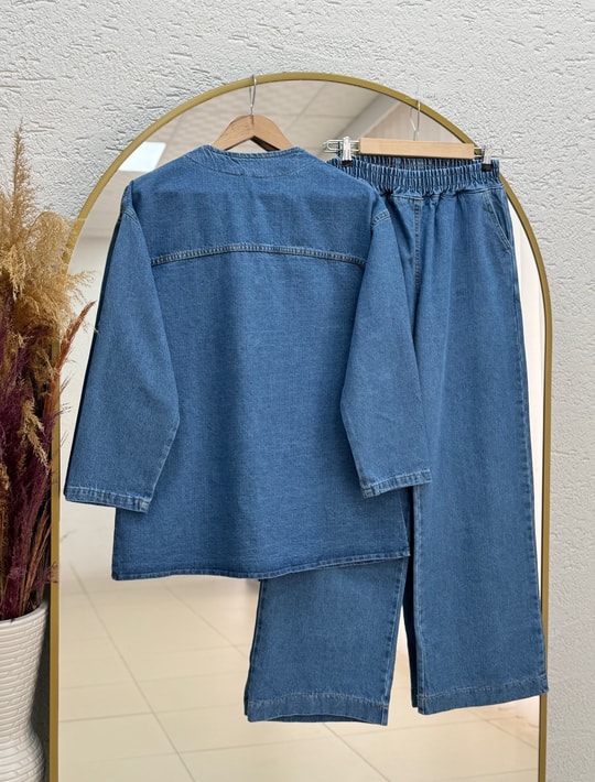 Adelia Çift Cepli Bol Paça Pantolonlu Kot Takım-LS5841 Mavi