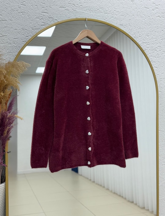 Adora Kalp Düğmeli Sakallı Hırka-KR3198 Bordo