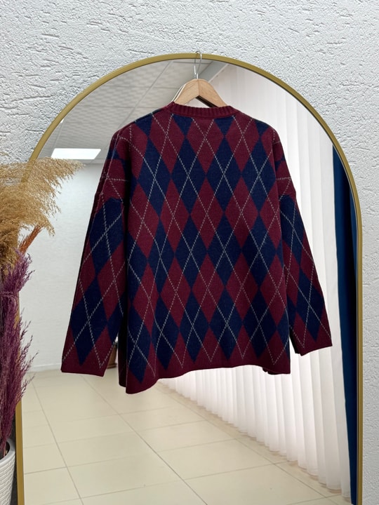 Adriana Baklava Desen Triko Kazak-Zİ5581 Lacivert-Bordo