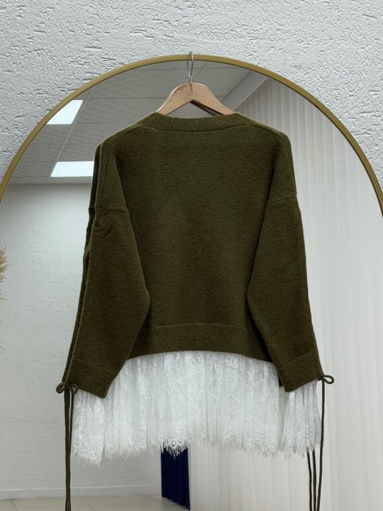 Ahucemal Kolu Ve Altı Dantelli Triko Hırka-KR6090 Haki