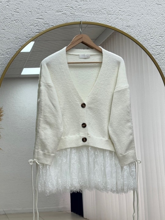 Ahucemal Kolu Ve Altı Dantelli Triko Hırka-KR6090 Ekru
