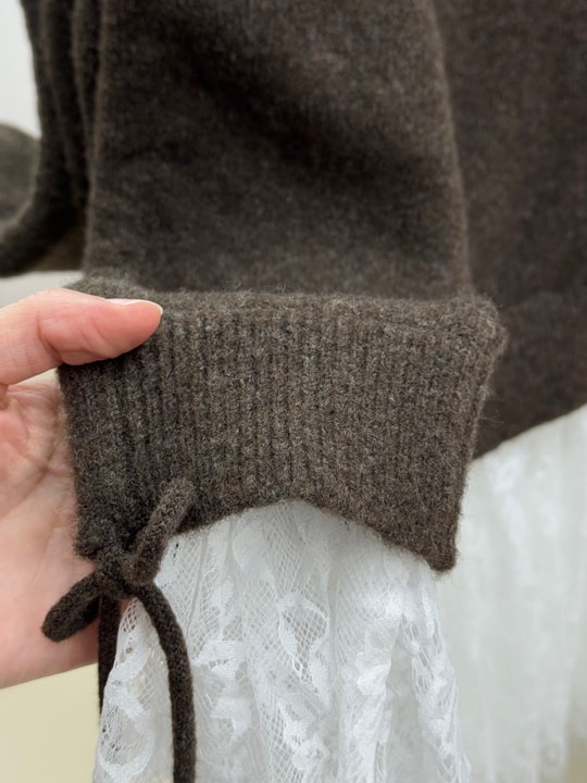 Ahucemal Kolu Ve Altı Dantelli Triko Hırka-KR6090 Kahve