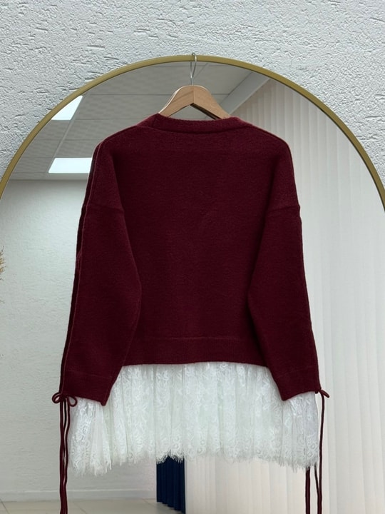 Ahucemal Kolu Ve Altı Dantelli Triko Hırka-KR6090 Bordo