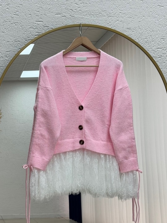 Ahucemal Kolu Ve Altı Dantelli Triko Hırka-KR6090 Pembe