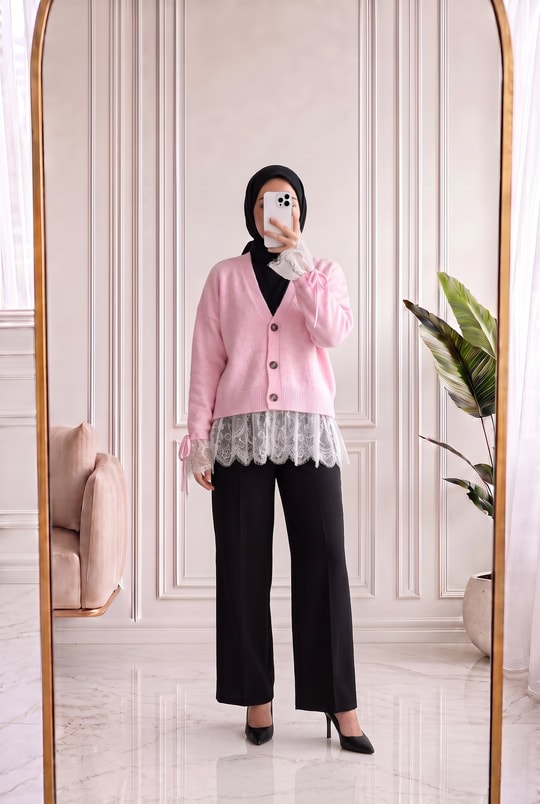 Ahucemal Kolu Ve Altı Dantelli Triko Hırka-KR6090 Pembe