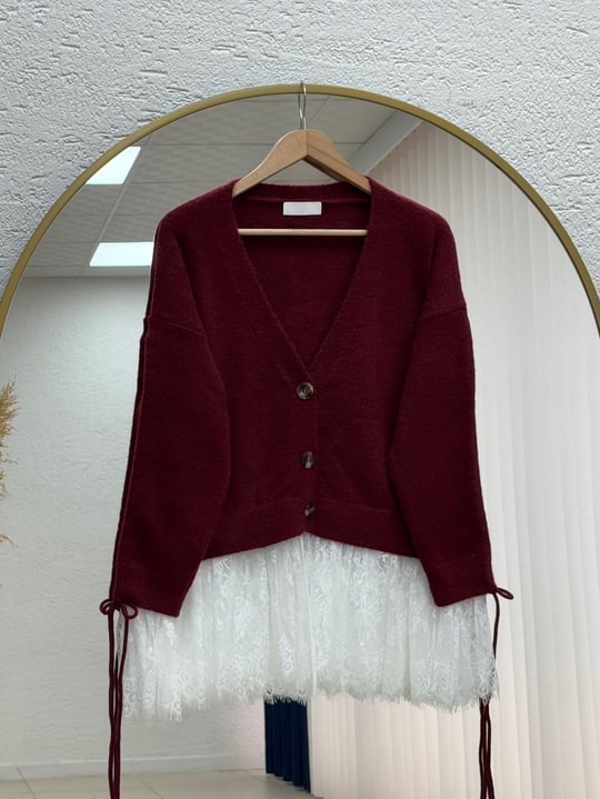 Ahucemal Kolu Ve Altı Dantelli Triko Hırka-KR6090 Bordo