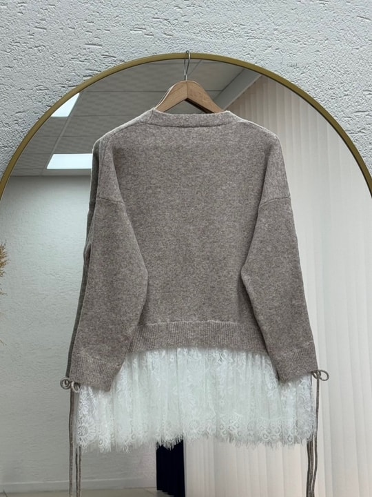 Ahucemal Kolu Ve Altı Dantelli Triko Hırka-KR6090 Taş