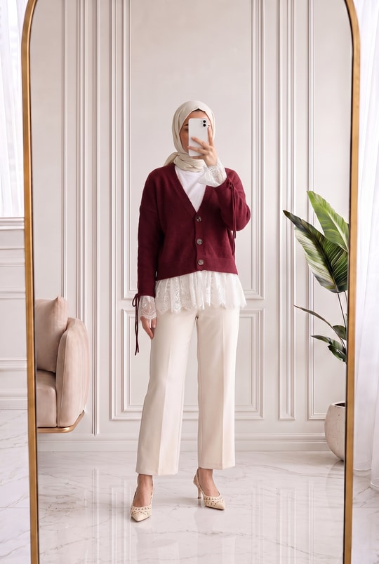 Ahucemal Kolu Ve Altı Dantelli Triko Hırka-KR6090 Bordo