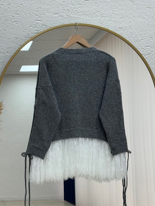 Ahucemal Kolu Ve Altı Dantelli Triko Hırka-KR6090 Antrasit