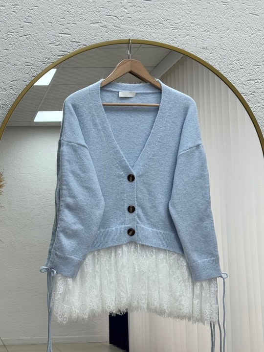 Ahucemal Kolu Ve Altı Dantelli Triko Hırka-KR6090 Mavi