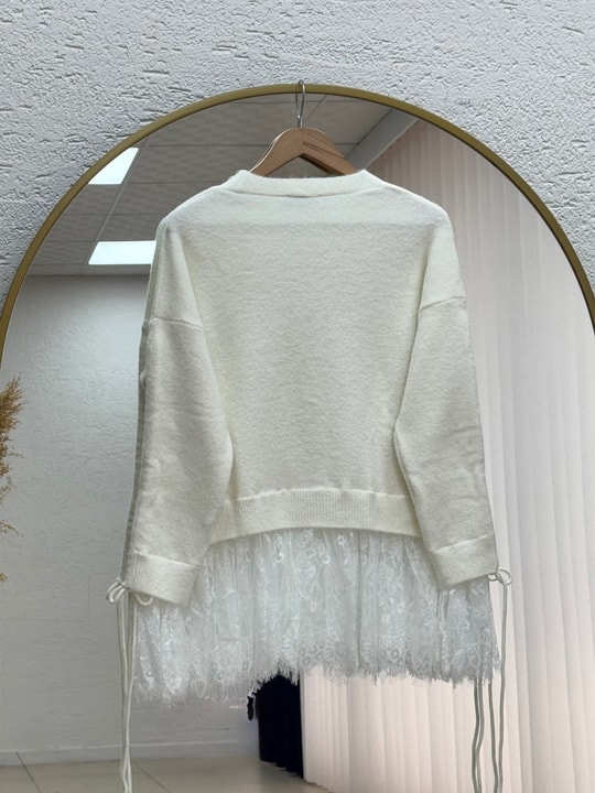 Ahucemal Kolu Ve Altı Dantelli Triko Hırka-KR6090 Ekru