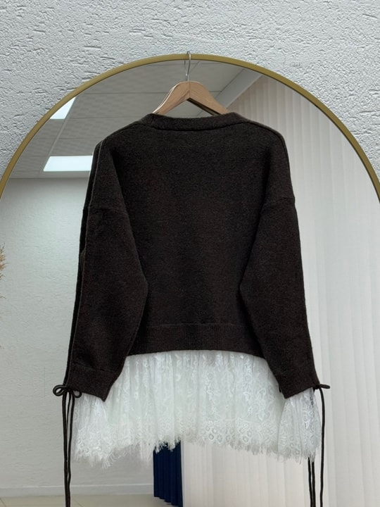 Ahucemal Kolu Ve Altı Dantelli Triko Hırka-KR6090 Kahve