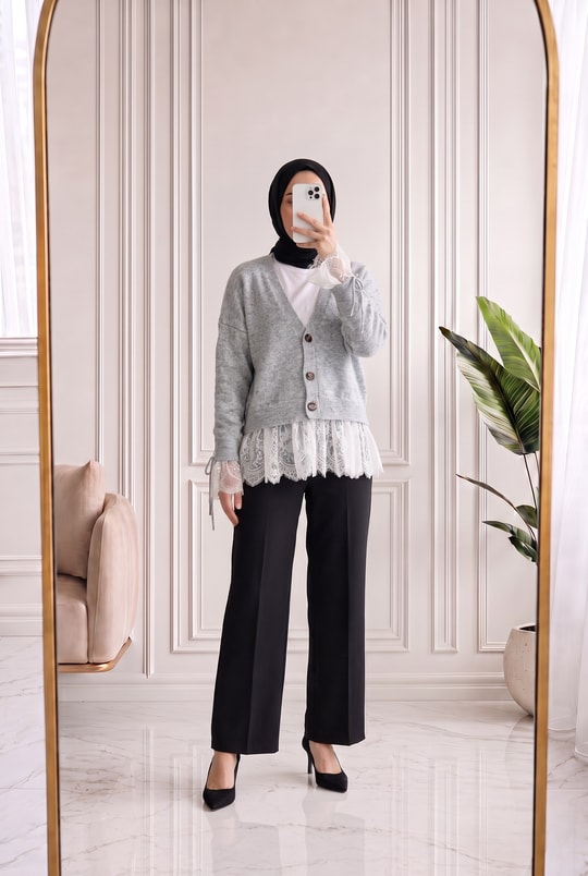Ahucemal Kolu Ve Altı Dantelli Triko Hırka-KR6090 Gri