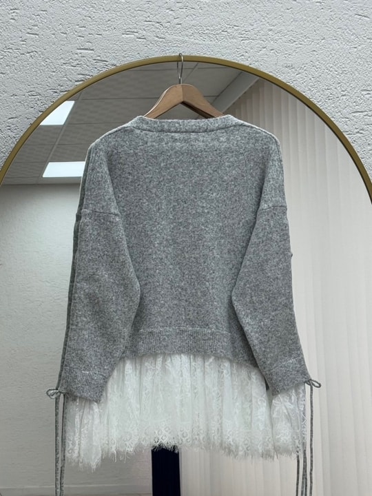 Ahucemal Kolu Ve Altı Dantelli Triko Hırka-KR6090 Gri