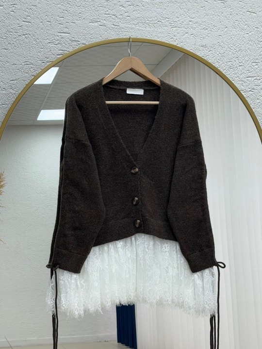 Ahucemal Kolu Ve Altı Dantelli Triko Hırka-KR6090 Kahve