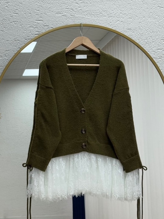 Ahucemal Kolu Ve Altı Dantelli Triko Hırka-KR6090 Haki