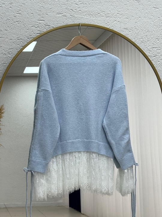 Ahucemal Kolu Ve Altı Dantelli Triko Hırka-KR6090 Mavi