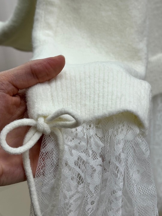 Ahucemal Kolu Ve Altı Dantelli Triko Hırka-KR6090 Ekru