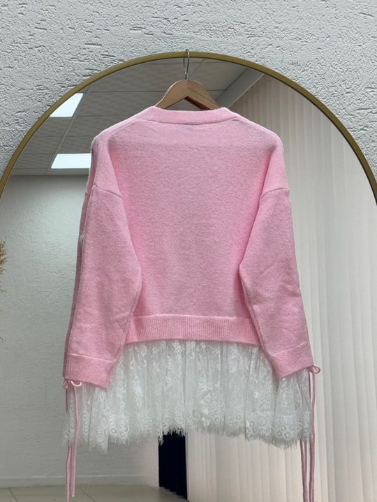 Ahucemal Kolu Ve Altı Dantelli Triko Hırka-KR6090 Pembe