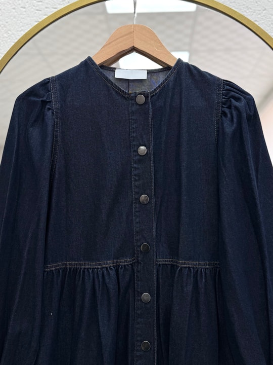 Ajda Metal Düğmeli Robalı Kot Elbise-HE2847 Lacivert