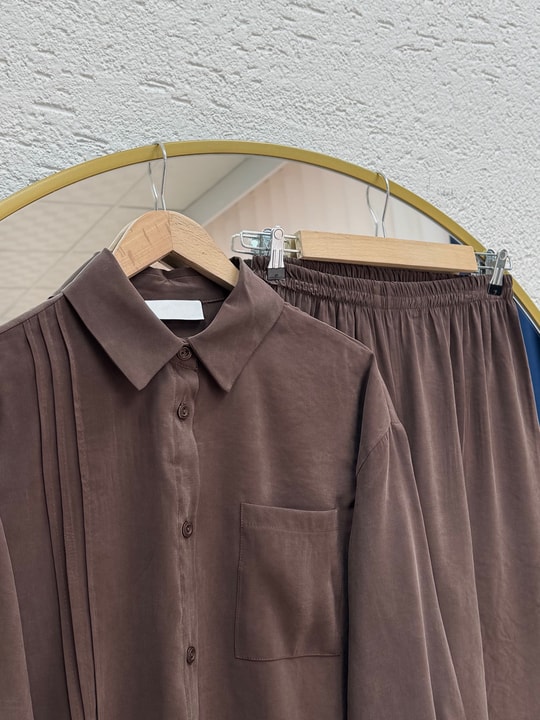 Akel Tek Cepli Gömleği Uzun Pantolonlu Takım-MF603 Kahve