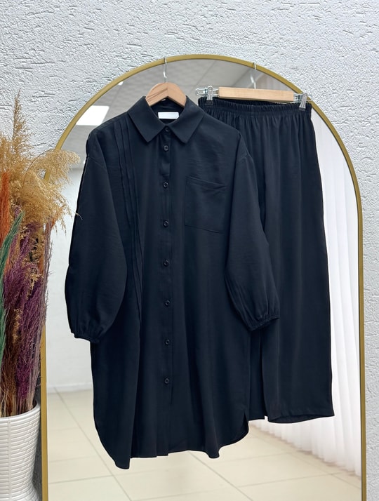 Akel Tek Cepli Gömleği Uzun Pantolonlu Takım-MF603 Siyah