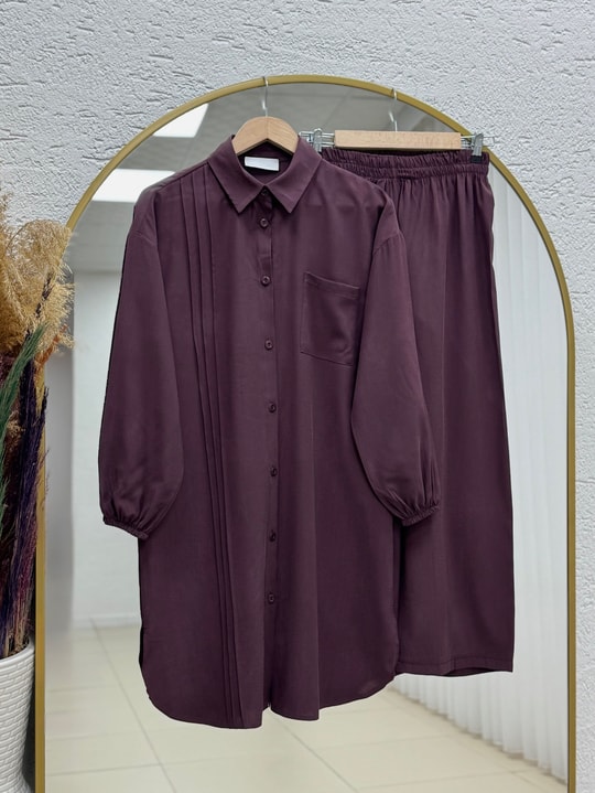 Akel Tek Cepli Gömleği Uzun Pantolonlu Takım-MF603 Bordo
