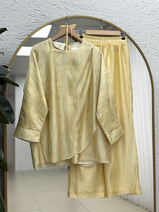 Akibe Kendinden Desenli Vual Pantolonlu Takım-ML2138 Sarı